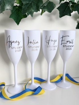 Vitt Champagneglas med tryck, Student 2025