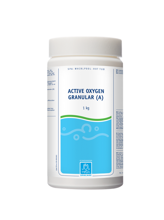 SpaCare Active Oxygen Granular (A)  används med SpaCare Oxy Plus Activator Liquid (B) för att få ett luktfritt alternativ till klor- och bromhaltiga desinfektionsmedel i ditt spabad.
