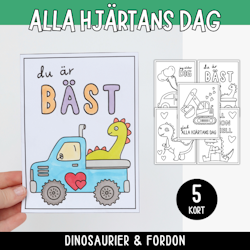 Alla hjärtans dag-kort: fordon och dinosaurier