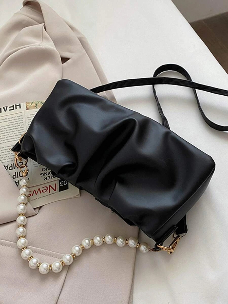 Faux Pearls Decor Shoulder Ruched Bag