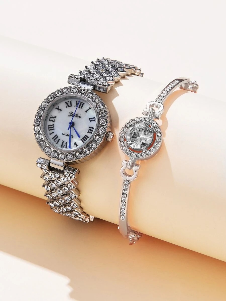 1 st Rhinestone Decor Quartz Watch & 1 st armband