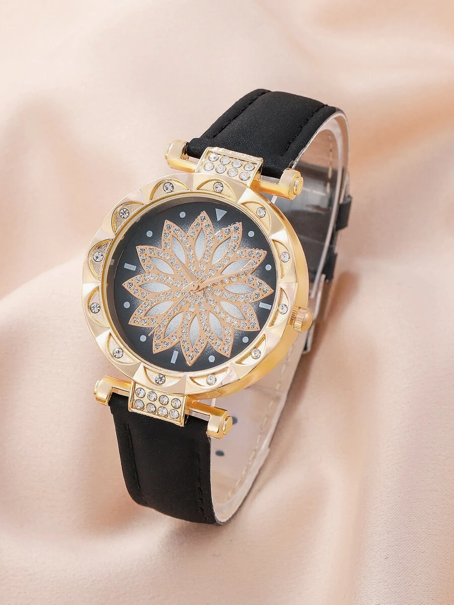 1pc Rhinestone Decor Quartz Watch & 5pcs Jewelry Set