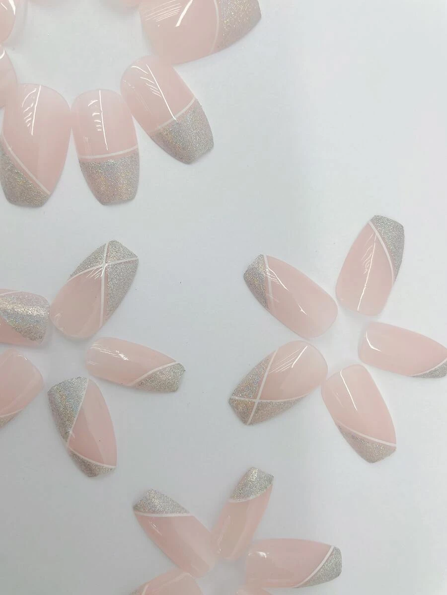 24pcs Glitter Fake Nail & 1sheet Nail Tape & 1pc Nail File