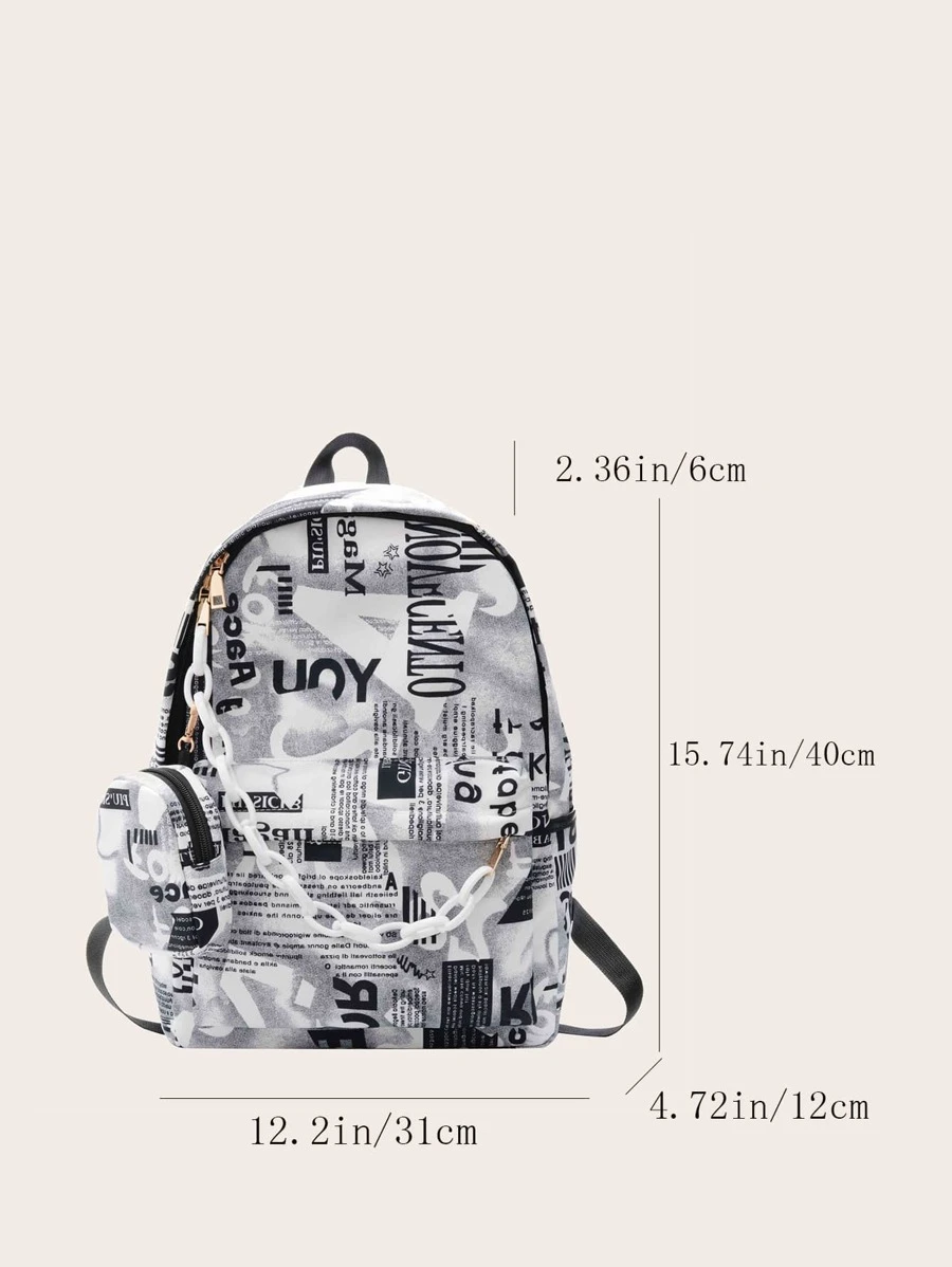 Chain Decor Letter Graphic Backpack With Coin Case