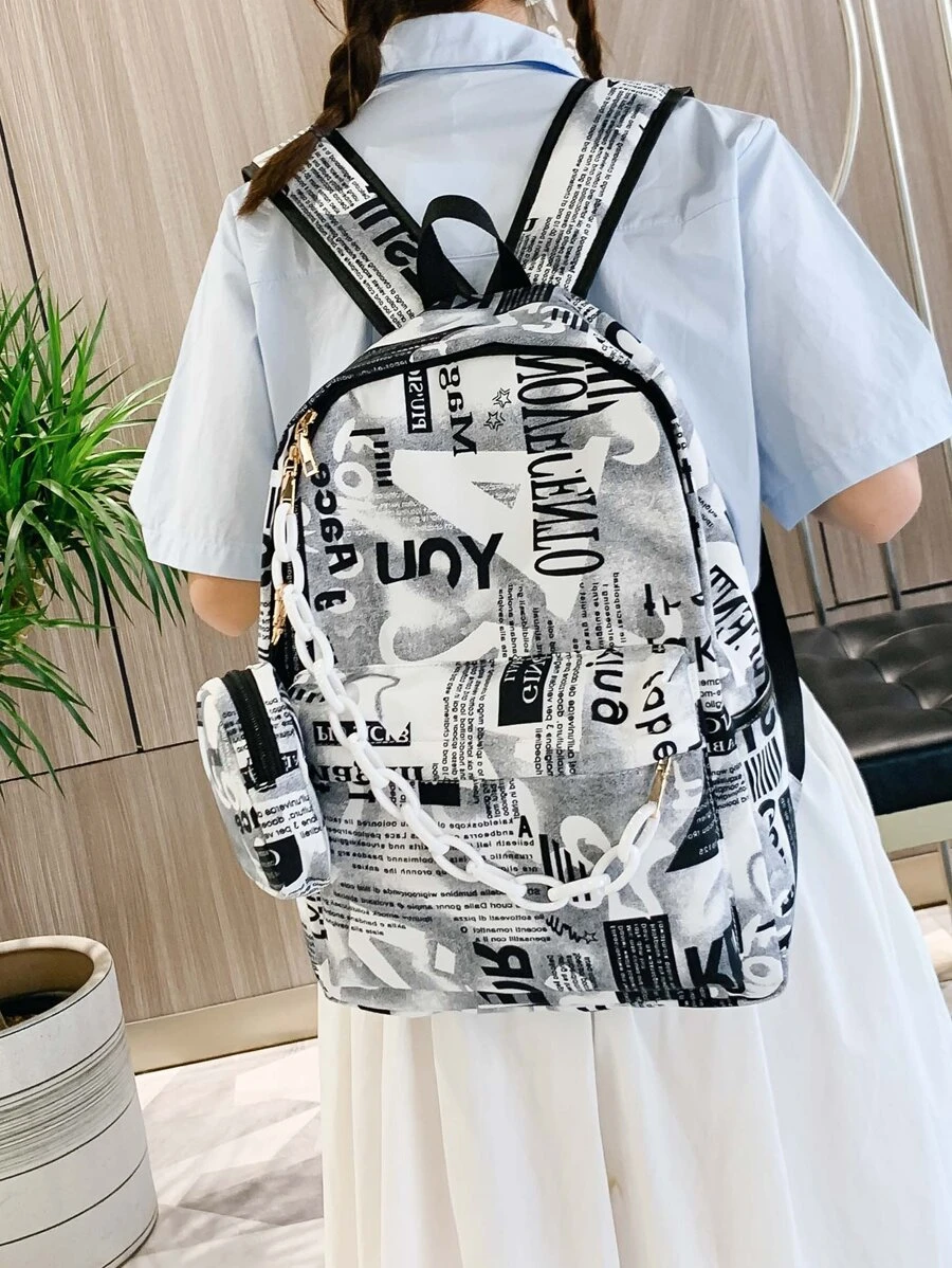 Chain Decor Letter Graphic Backpack With Coin Case