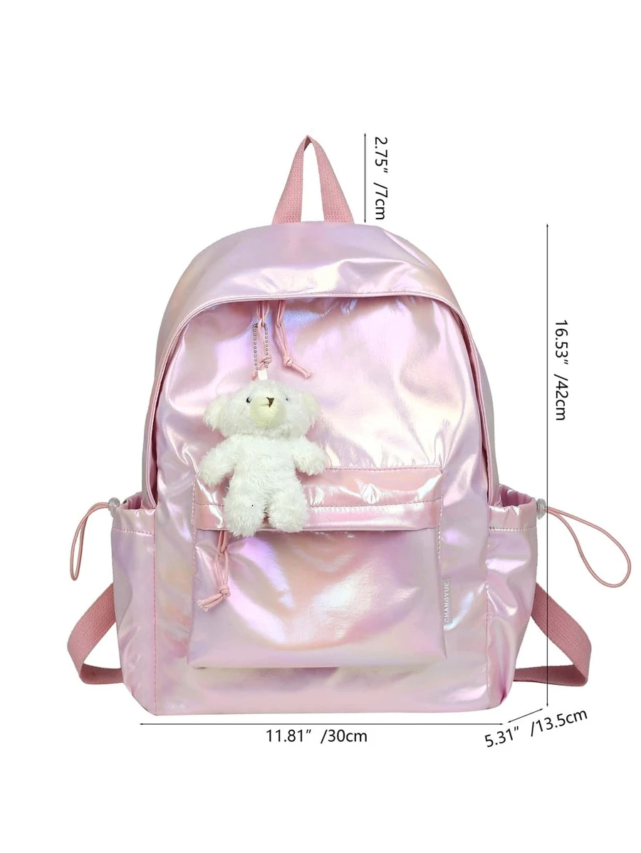 Holographic Pattern Functional Backpack With Bag Charm