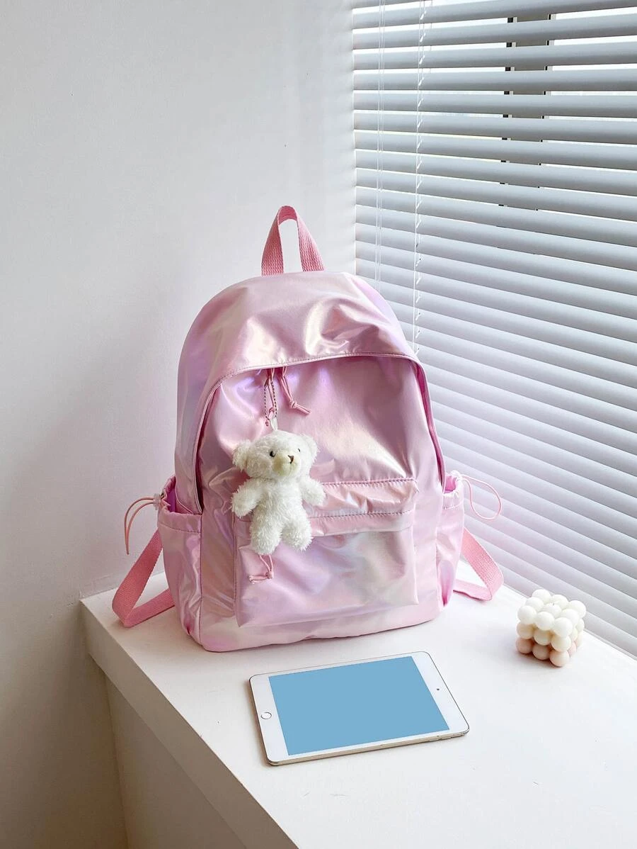 Holographic Pattern Functional Backpack With Bag Charm