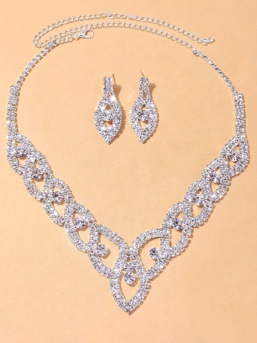 Rhinestone Decor Necklace & 1pair Earrings