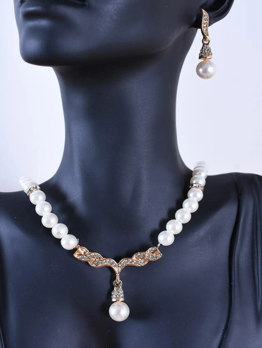 Faux Pearl & Rhinestone Decor Drop Earrings & Necklace