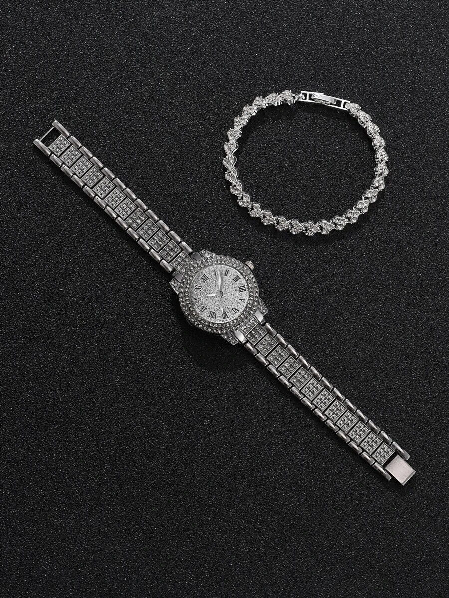1pc Rhinestone Decor Round Pointer Quartz Watch & 1pc Bracelet