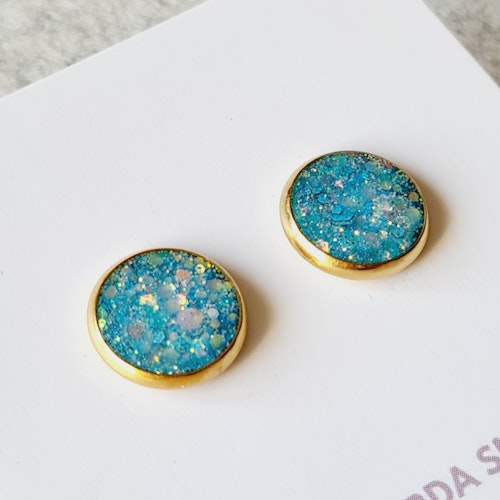 Örhänge guld - turkos glitter (14 mm)