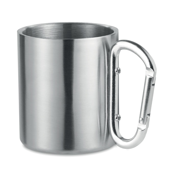 Rostfri stålmugg med handtag av karbinhake i färgen matt silver.