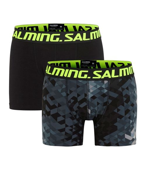 Salming-kalsonger i boxermodell. Grön Salming-logo i resoren. Svarta/spräckliga