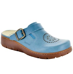 Cinnamon - Kiara havsblå "trä"sko med perforeringar och fällbar rem