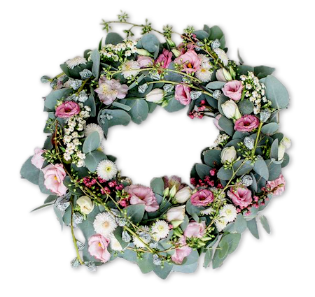 Krans med rosa och vita blommor kantad med Eukalyptus