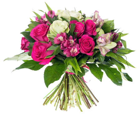 Stående bukett med blommor i rosa