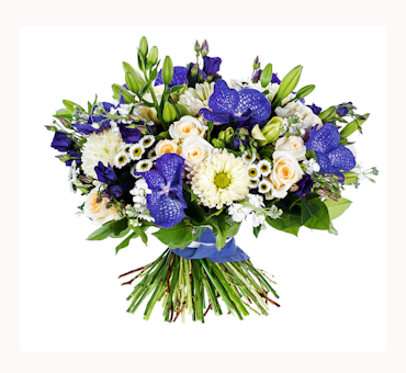 Stående bukett med blommor blått och vitt