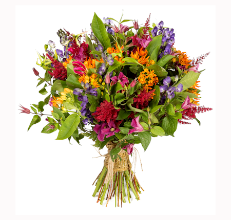 Stående bukett med färgstarka sommarblommor