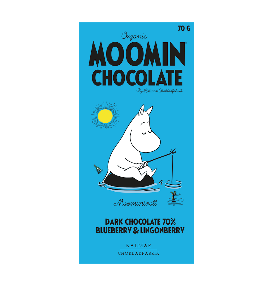 Organic Moomin Chocolate Moomintroll – Mörk choklad 70% med lingon och blåbär