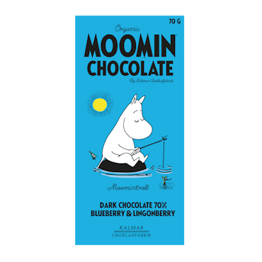 Organic Moomin Chocolate Moomintroll – Mörk choklad 70% med lingon och blåbär
