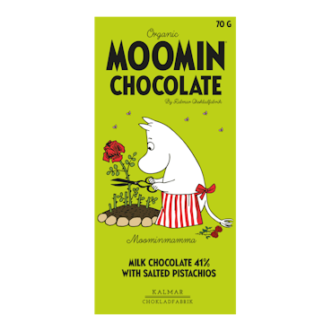Organic Moomin Chocolate Moominmamma – Mjölkchoklad 41% med pistage och salt