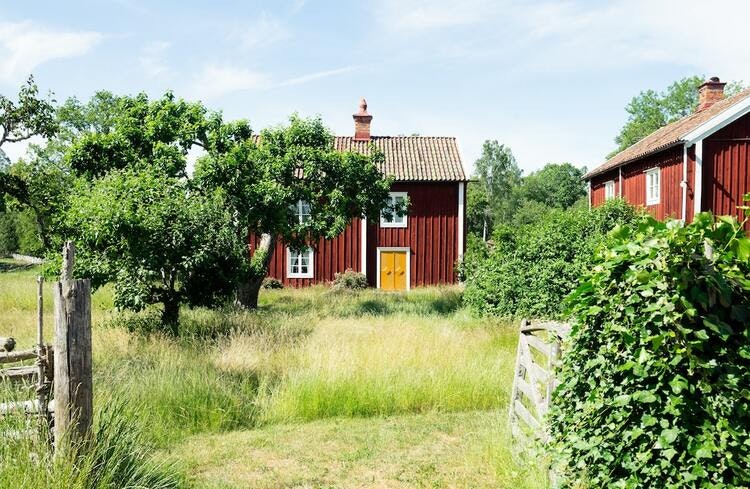 Rött hus i bakgrunden med trädgård och grind framför illusterar tomtplatsavgränsning vid strandskydd. Billigare än advokat.