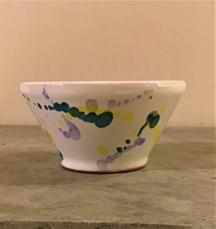 Fantasia handgjord skål 4 x 8,5 cm. Blå/gul.
