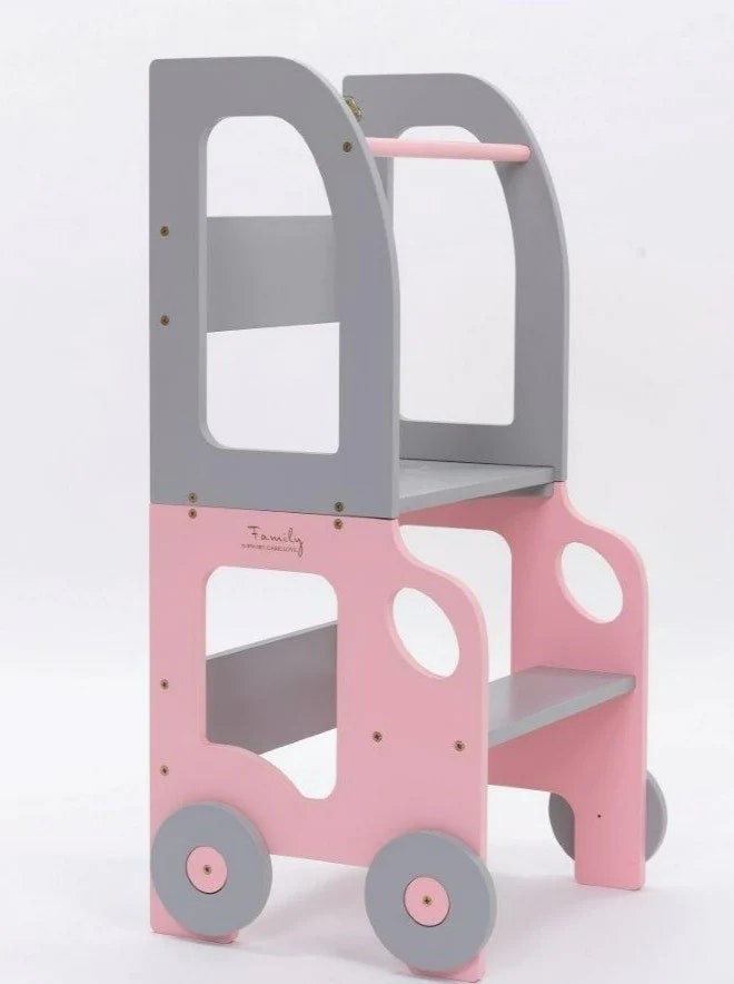 Bygbar læringstårn taburet bil, lyserød/grå