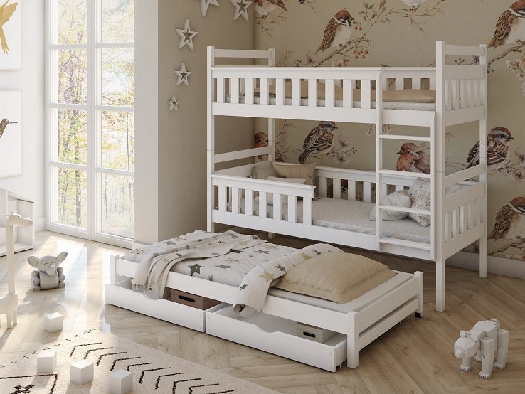 Hvid køjeseng med opbevaring og tre senge, Kim 90x200 cm