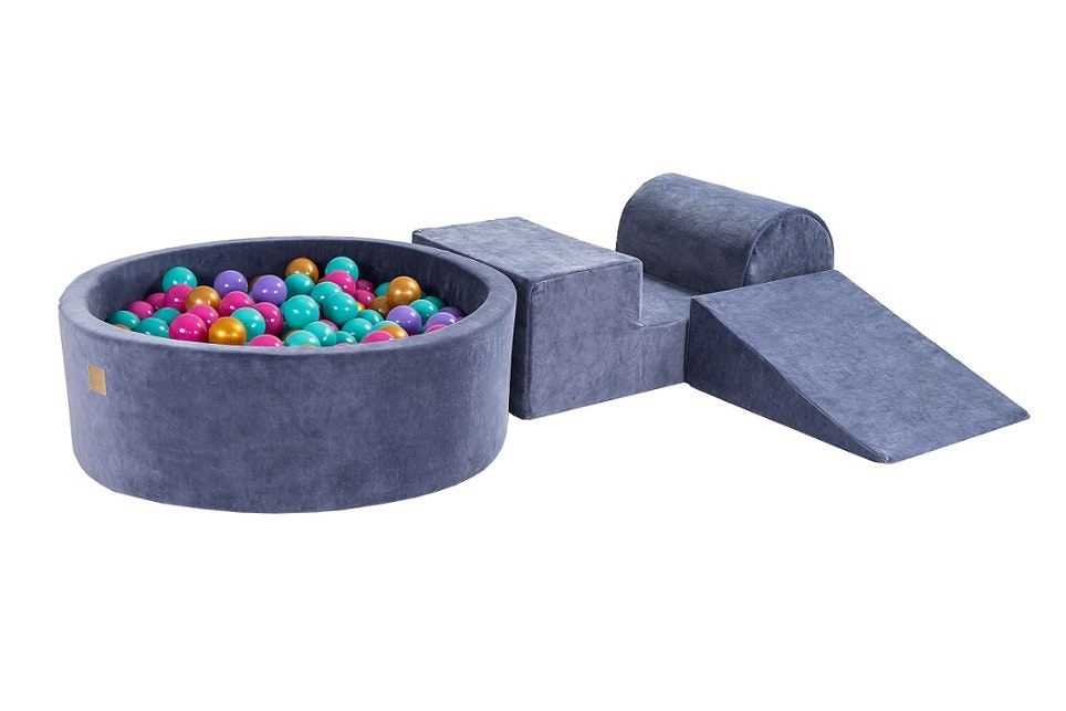Meow, Blågrå bygbar legeplads med boldbassin i fløjl, 200 bolde