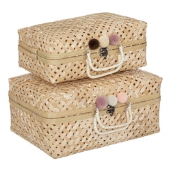 Bambus kufferter med pomponer, 2 stk
