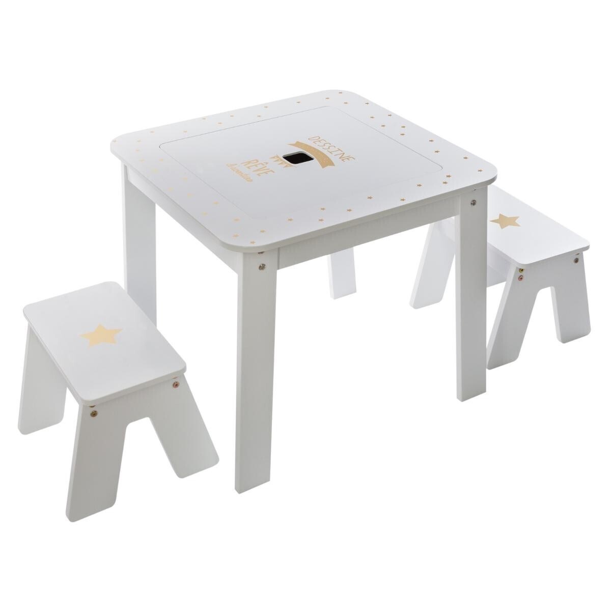Møbelsæt bord med to taburetter, hvid/guld