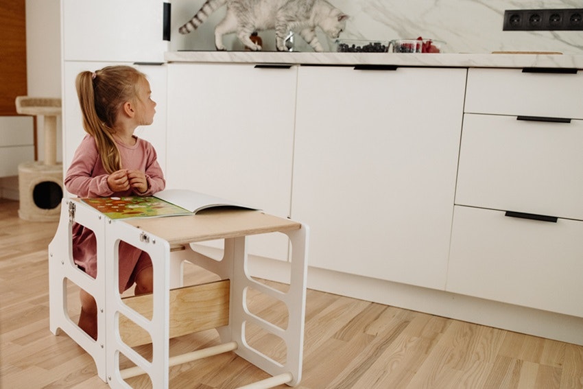 Duck Woodworks, foldbart læringstårn med rutsjebane, hvid/natur