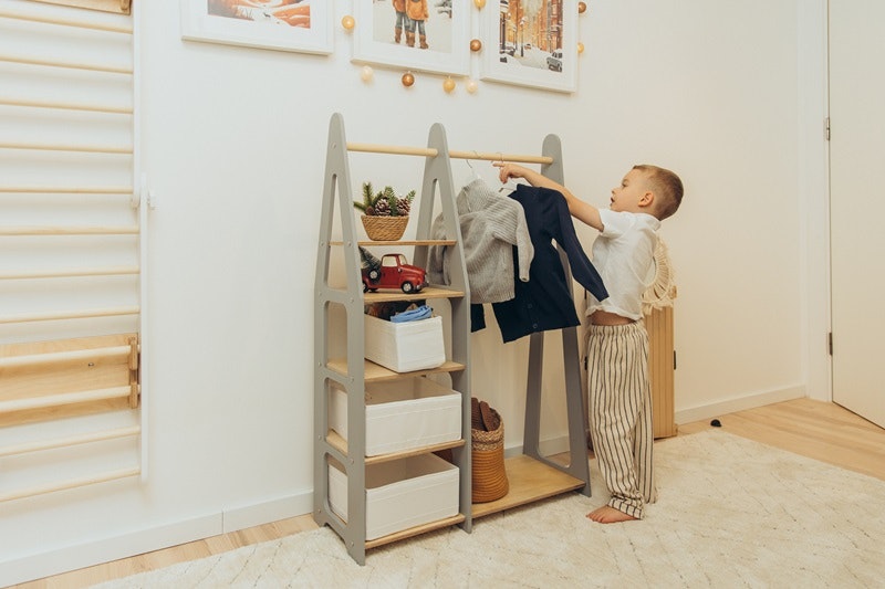 Duck Woodworks, garderobe tøjstang med hylder, grå/natur