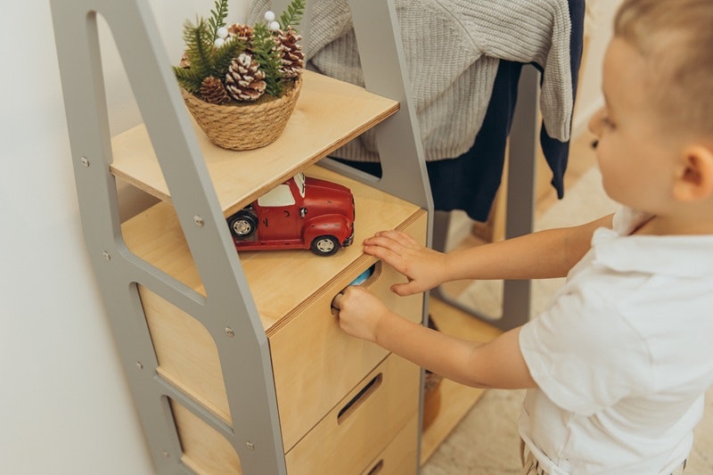 Duck Woodworks, garderobe tøjstang med kasser, grå/natur