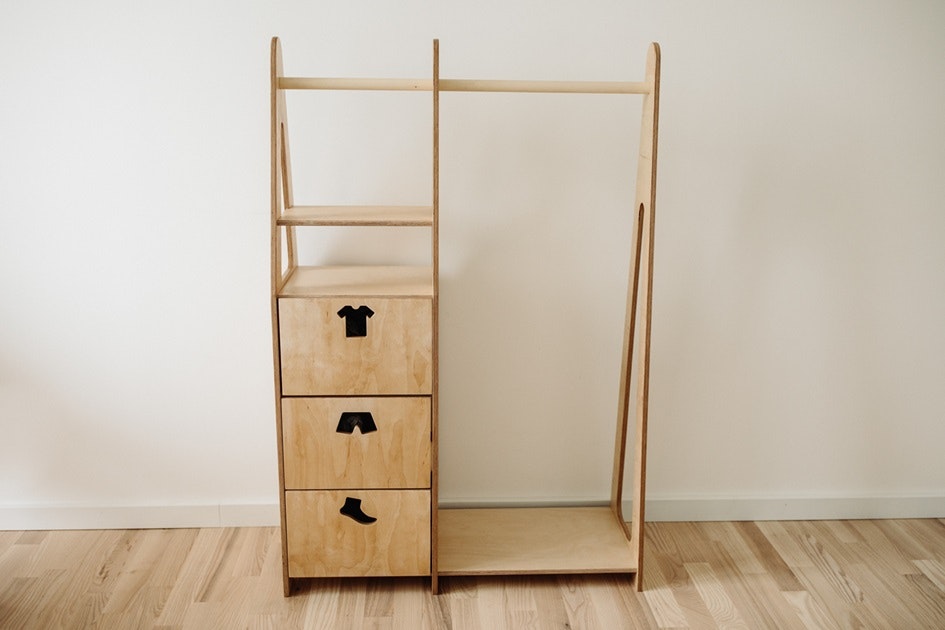 Duck Woodworks, garderobe tøjstang med kasser Clothes, natur