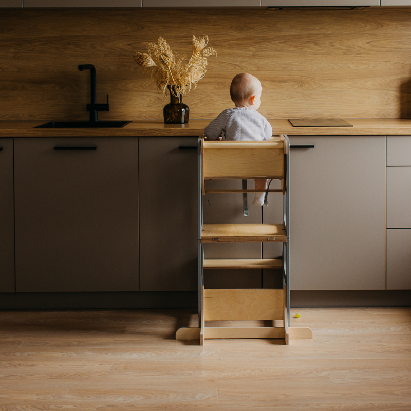 Duck Woodworks, sammenklappelig køkkenstol med barnestol