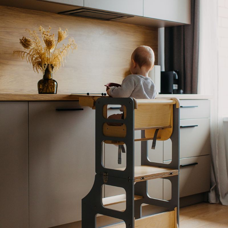Duck Woodworks, sammenklappelig køkkenstol med barnestol