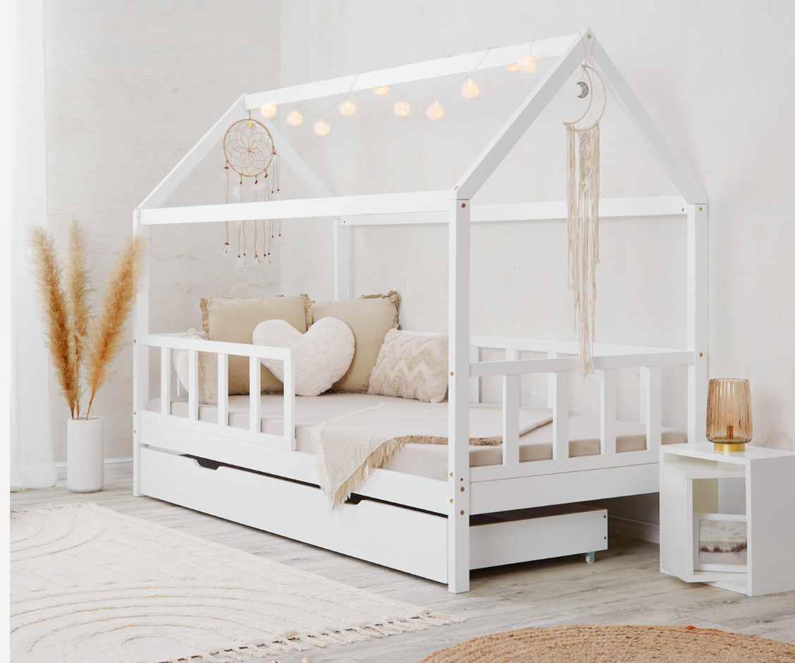 Hvid Montessori husseng 90x200 cm med opbevaringskasse