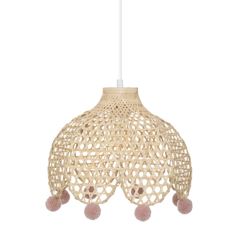 Bambus loftlampe med lyserød pompon
