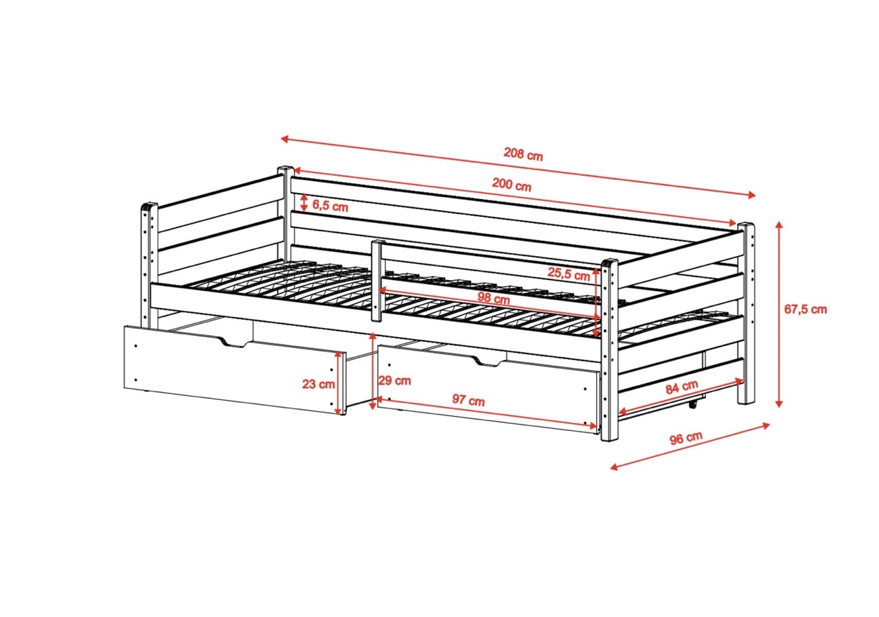 Hvid barneseng Liora 90x200 cm, med opbevaringsskuffer