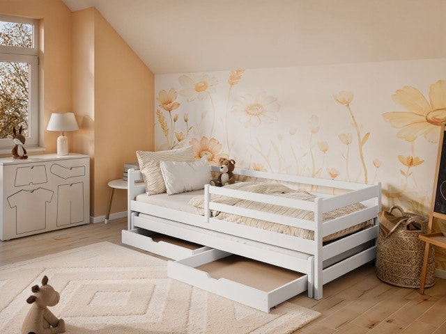Hvid børneseng Hedda 90x200 cm med ekstra seng og opbevaringsskuffer