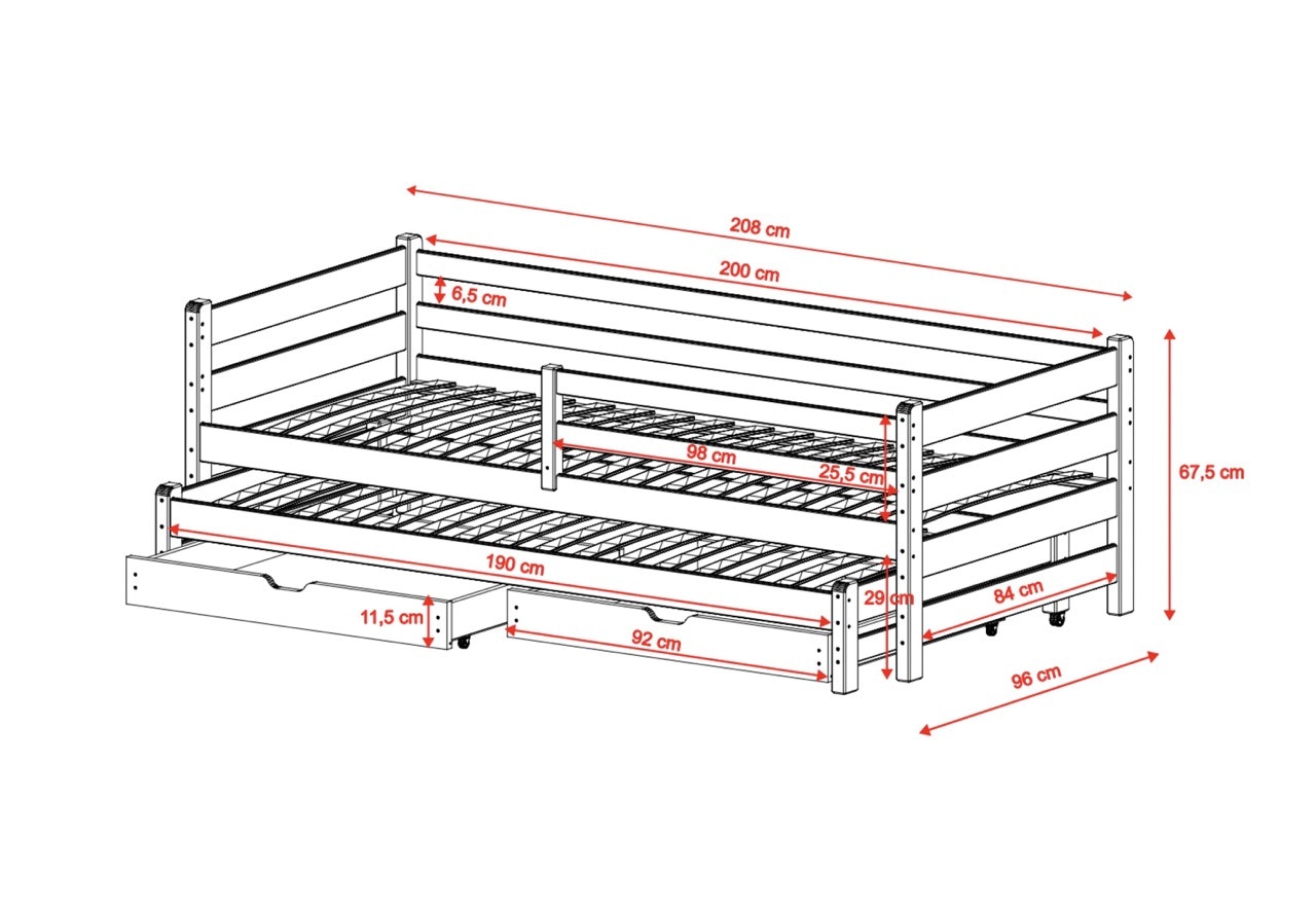 Hvid børneseng Hedda 90x200 cm med ekstra seng og opbevaringsskuffer