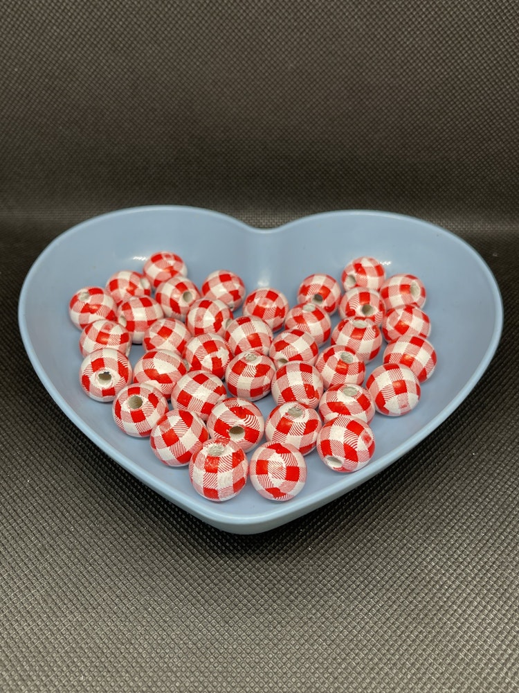 Träpärla, vit-röd rutig, 16mm - 10p