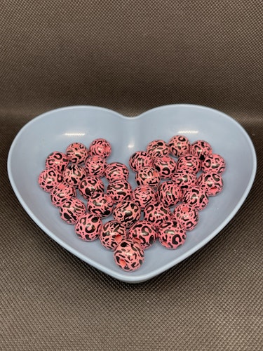 Träpärla, rosa leopard, 16mm - 10p