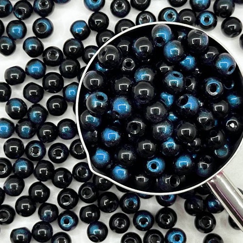 Glaspärla, 8mm, svart och blå - 50p