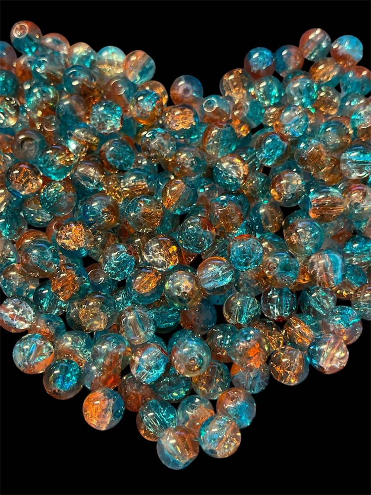 Sprucken glaspärla, 8mm, orange/blå - 50st