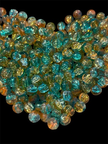Sprucken glaspärla, 8mm, gul/turkos - 50st
