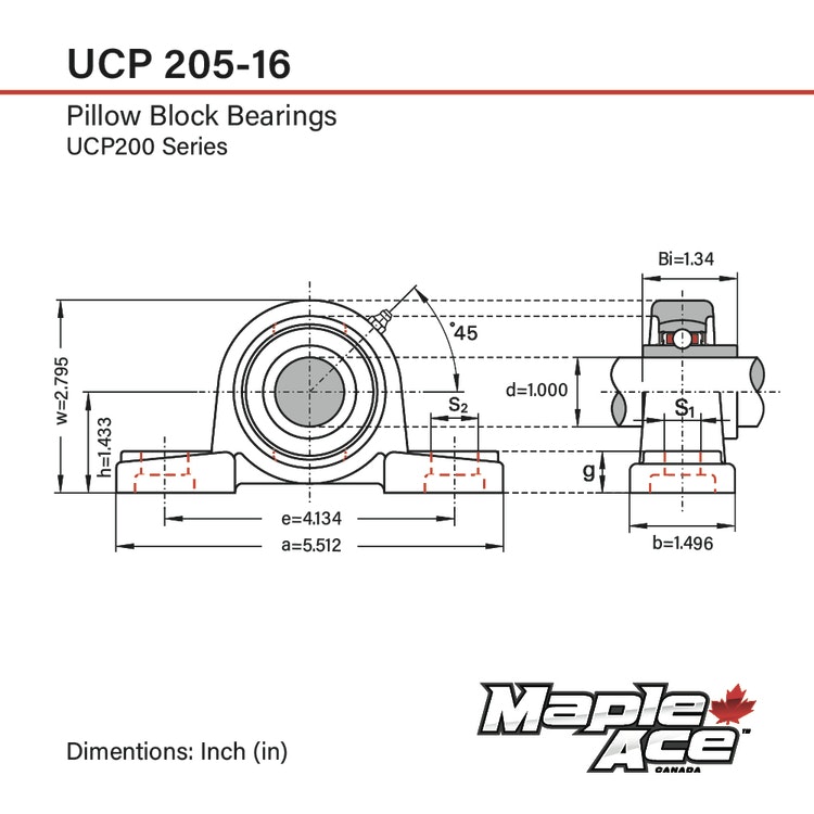 UCP205-16 Stålagerenhet 1" 2-fästbultar