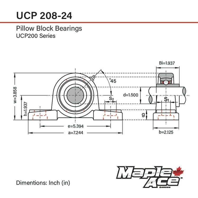 UCP208-24 Stålagerenhet 1-1/2" 2-fästbultar